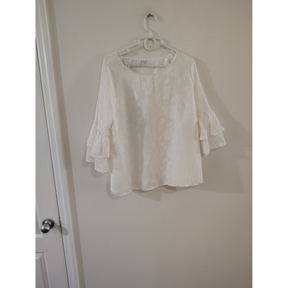 Elle White Floral Jacquard Ruffle Tiered Sleeve Blouse XXL Womens Round Neck Top